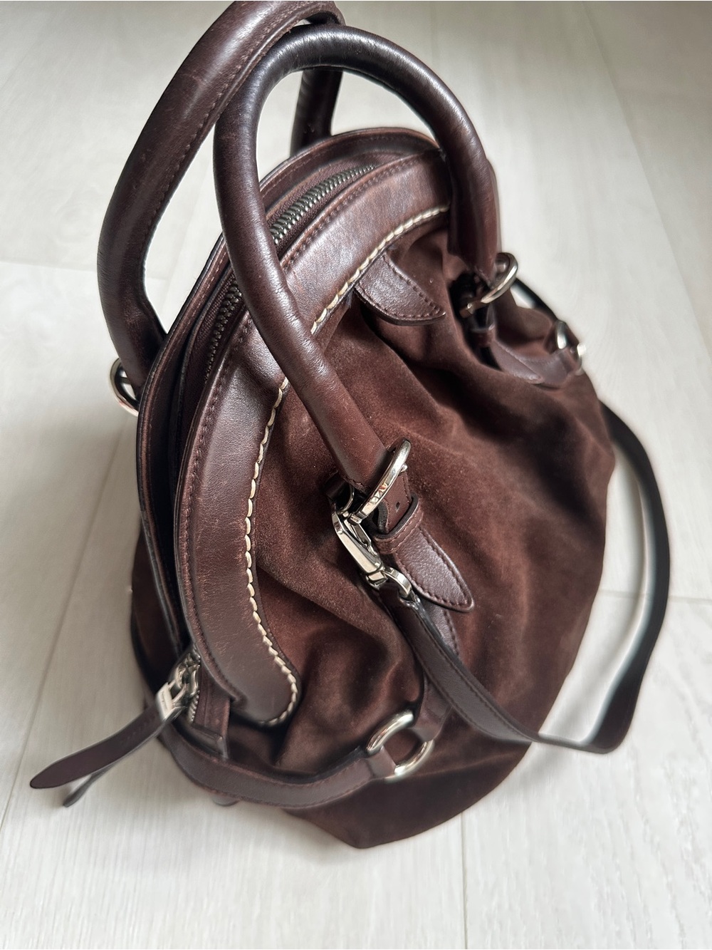 Vtg Salvatore Ferragamo Chocolate Suede & Leather Handbag Shoulder Bag Dome Bag - Picture 6 of 16